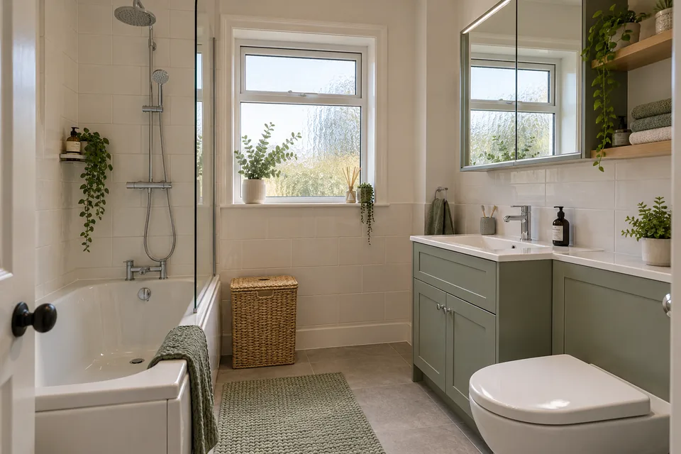 Welcoming bathroom with fitted bath, sage vanity and mirror storage