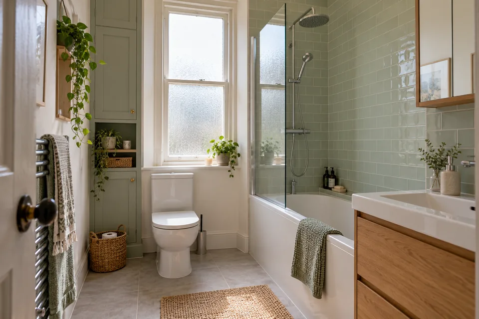 Narrow bathroom with a tall window, compact vanity and fitted bath