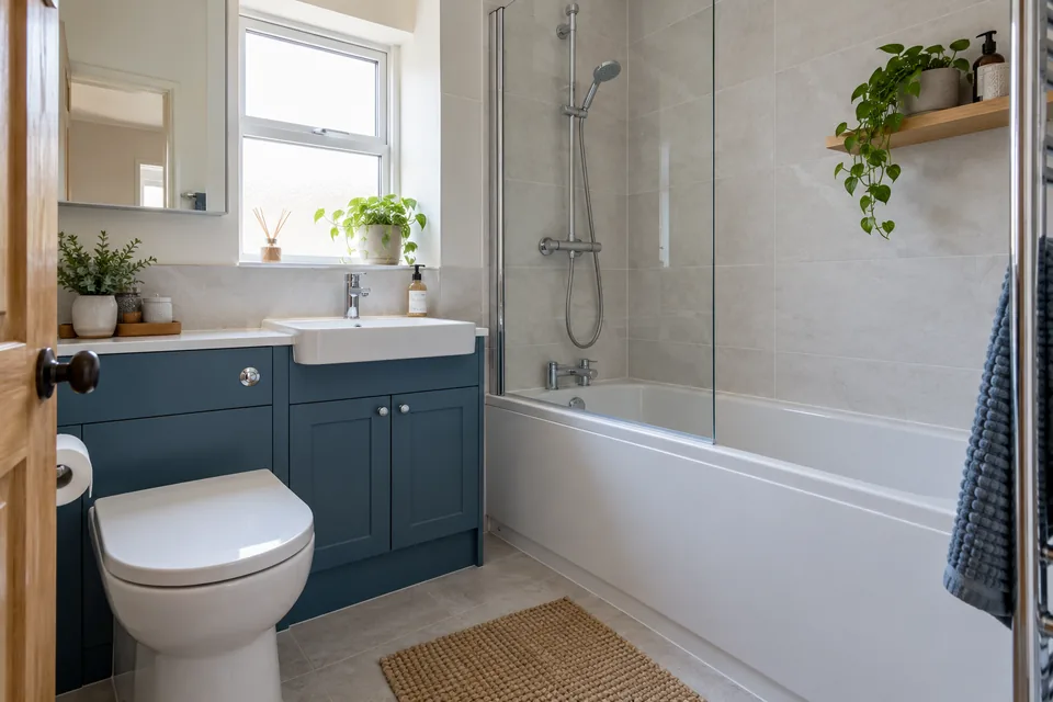 Blue storage vanity beside a white fitted bath