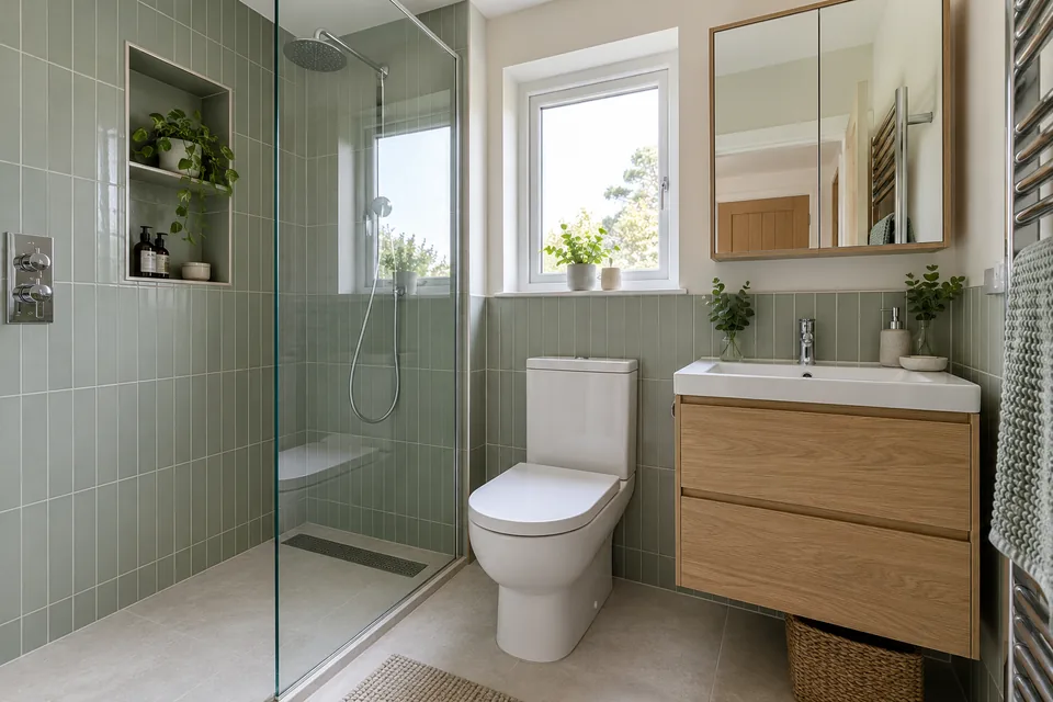 Compact shower room with pale green tiles and shallow vanity