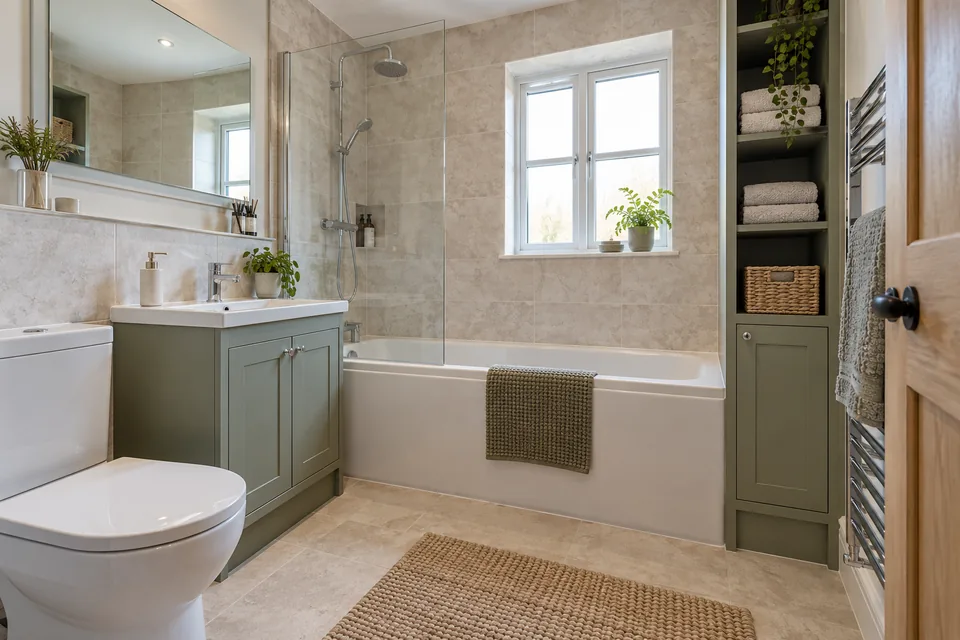 Family bathroom with a sage vanity and towel cupboard