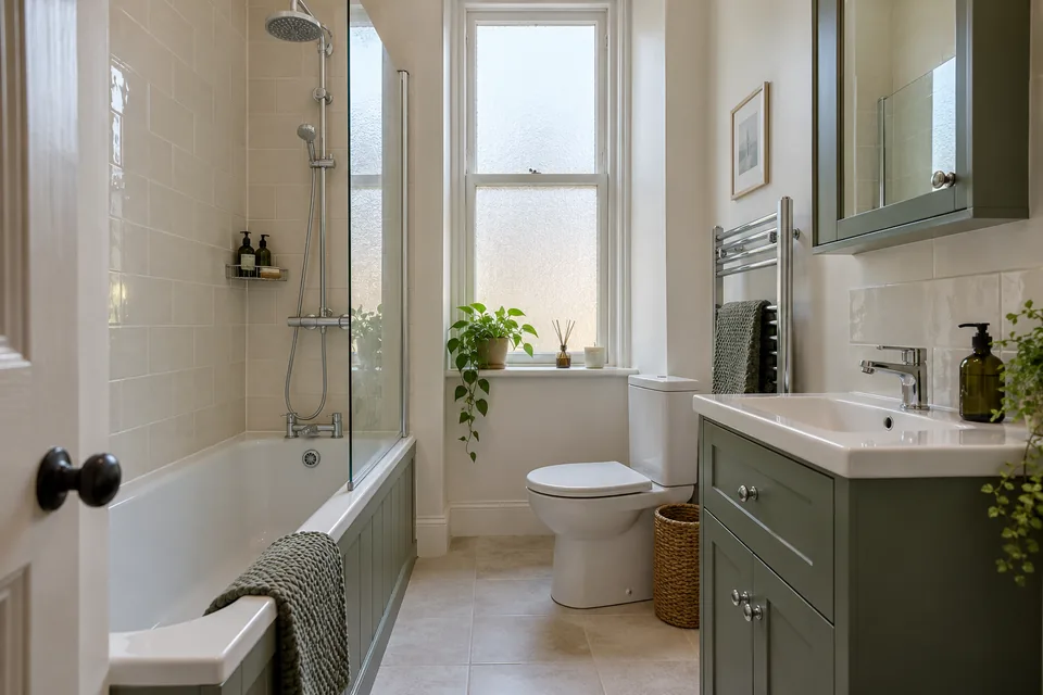 Bright tenement bathroom with a tall frosted window and fitted bath