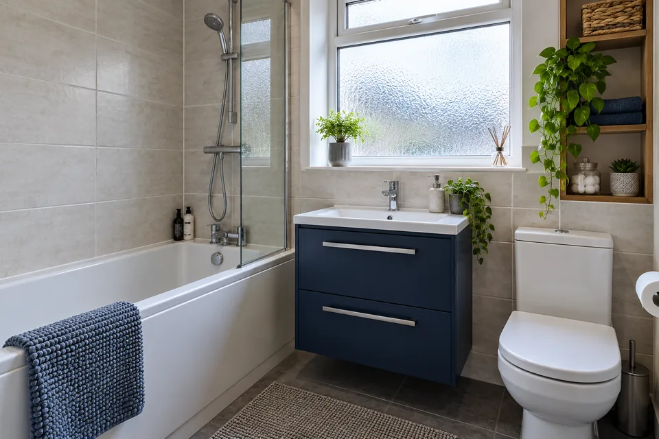 Family bathroom with a blue vanity, fitted bath and frosted window