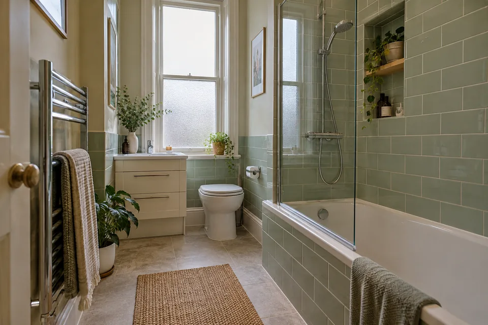 Shower-over-bath and slim vanity beneath a tall frosted window