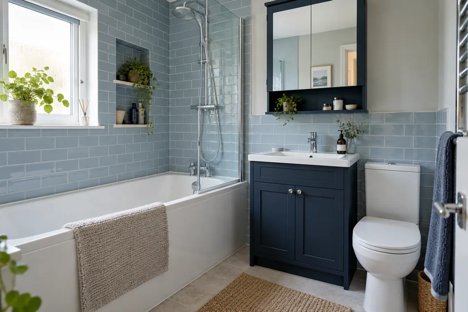 Fitted bath with shower screen and a blue vanity