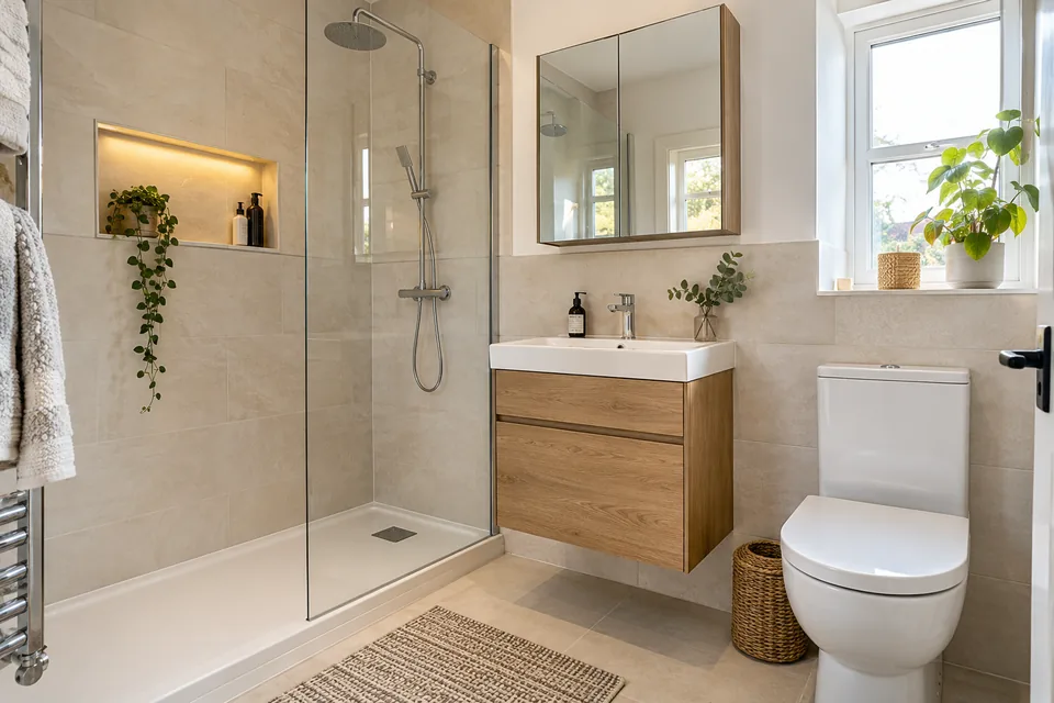 Oak vanity and walk-in shower with a recessed shelf
