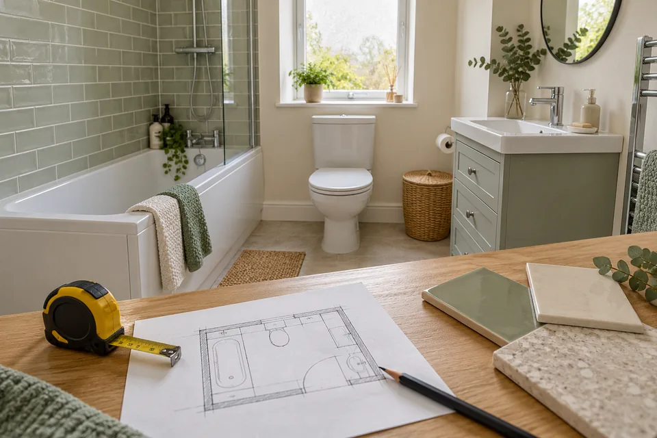 Bathroom plan, tape measure and tile samples