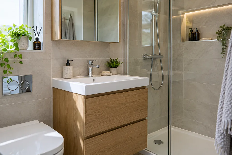 Finished basin mixer, sealed joins and useful mirror storage