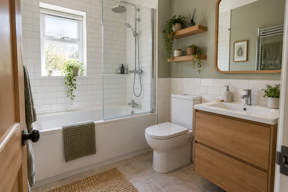 New fitted bath with shower screen, oak vanity and pale wall tiles