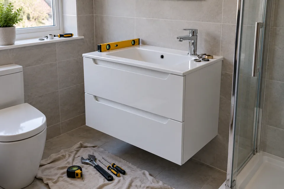 New vanity being fitted against a tiled bathroom wall
