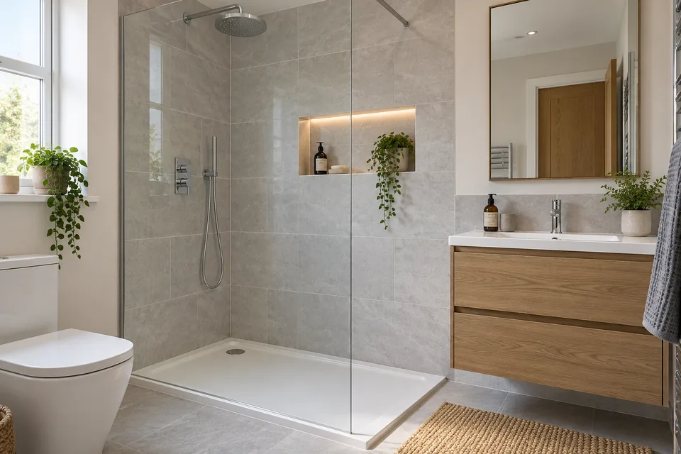 Low-tray walk-in shower with glass screen and recessed storage