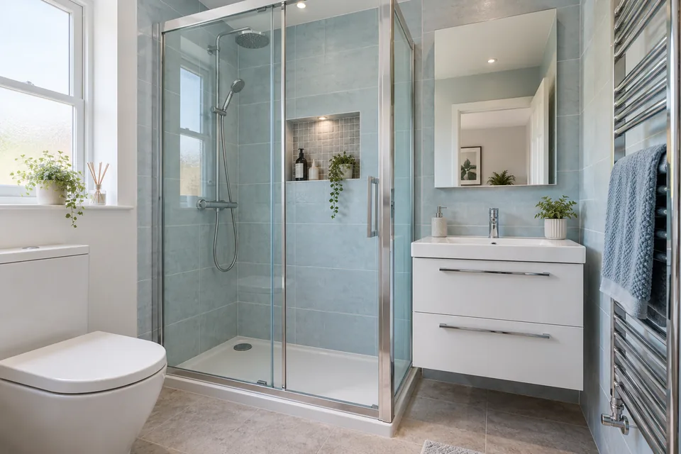 Compact shower enclosure with a sliding glass door