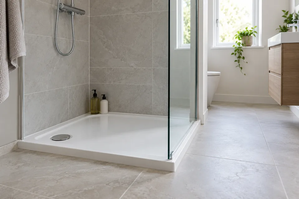 Low white shower tray, clear screen and tiled floor
