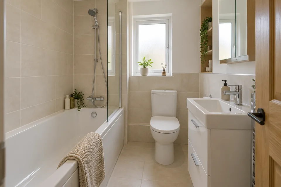 Compact bathroom with a fitted bath and a shallow vanity