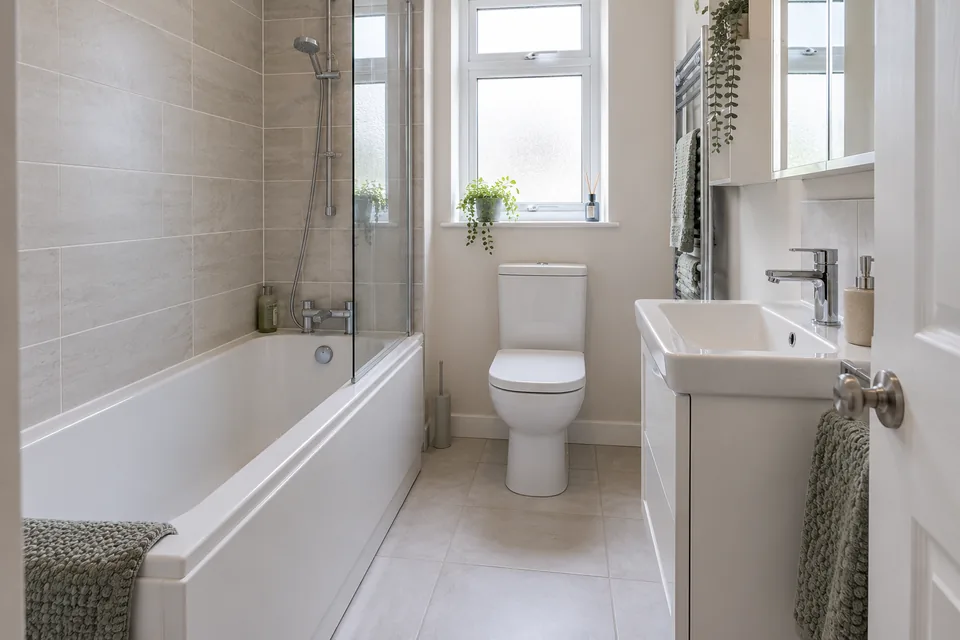 Narrow bathroom layout with a clear walkway between bath and basin