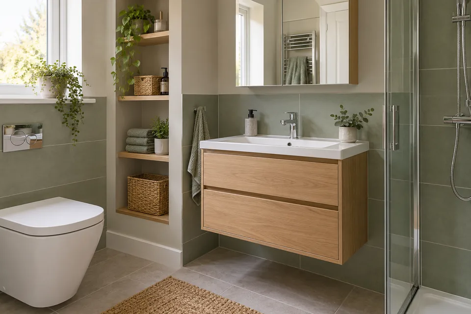 Slim oak vanity, mirror cupboard and recessed wall storage