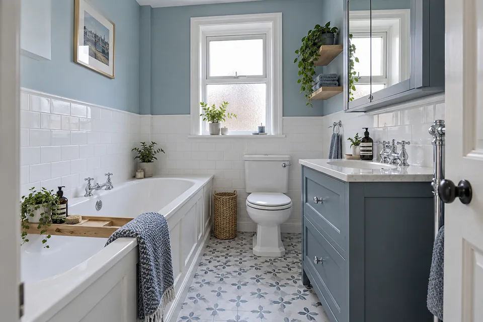 Blue Shaker vanity and white panelled fitted bath