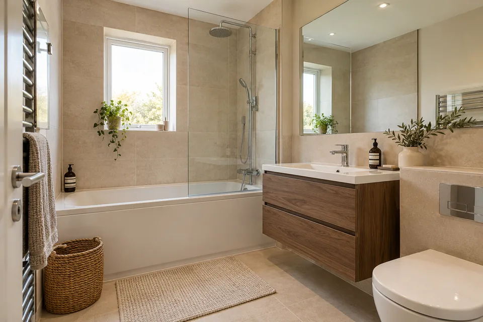 Warm bathroom with a walnut vanity and a standard fitted bath