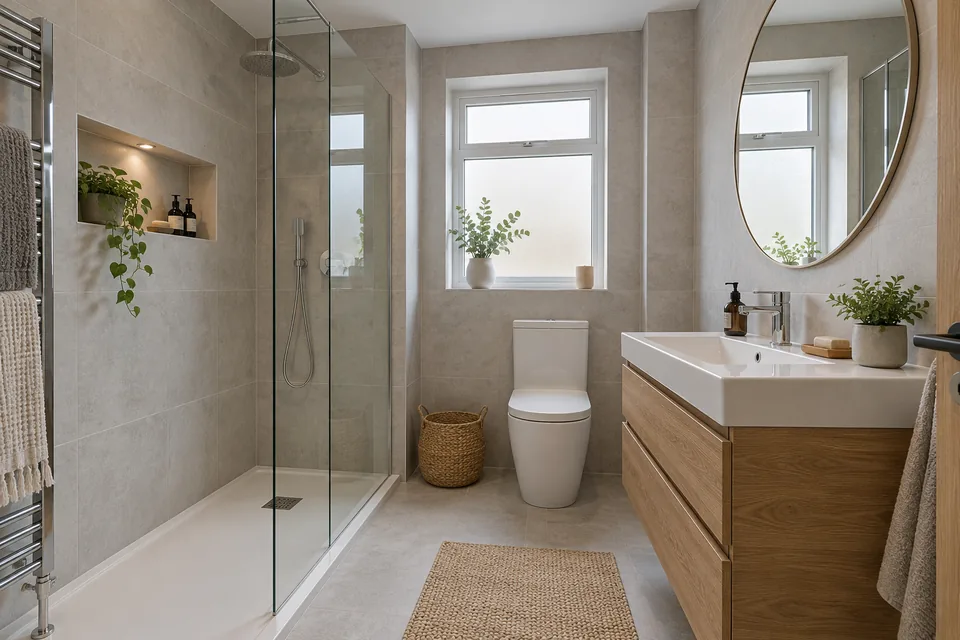 Contemporary oak vanity, pale large tiles and a frameless shower