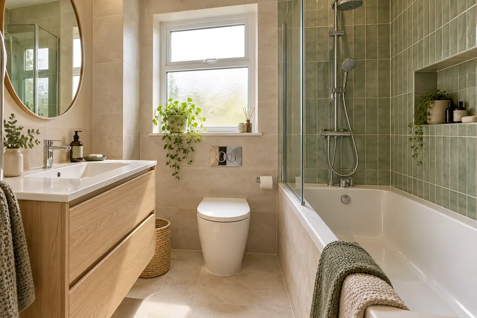 Oak vanity with warm tiles and a green shower wall