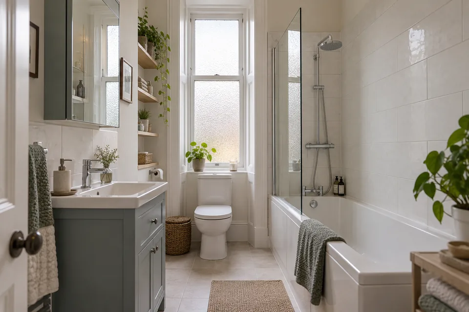 Compact tenement bathroom with a tall frosted window, fitted bath and shallow vanity